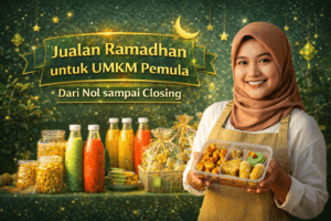lustrasi persiapan jualan Lebaran UMKM dengan produk hampers, checklist, dan tim yang menyiapkan pesanan secara terstruktur.
