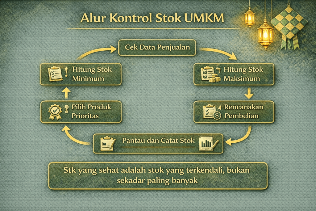 Diagram alur kontrol stok UMKM saat Ramadhan mulai dari cek data penjualan, menentukan stok minimum dan maksimum, hingga perencanaan pembelian.