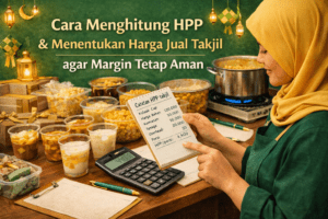 Ilustrasi pelaku UMKM menghitung HPP dan menentukan harga jual takjil Ramadhan menggunakan catatan biaya produksi dan kalkulator.