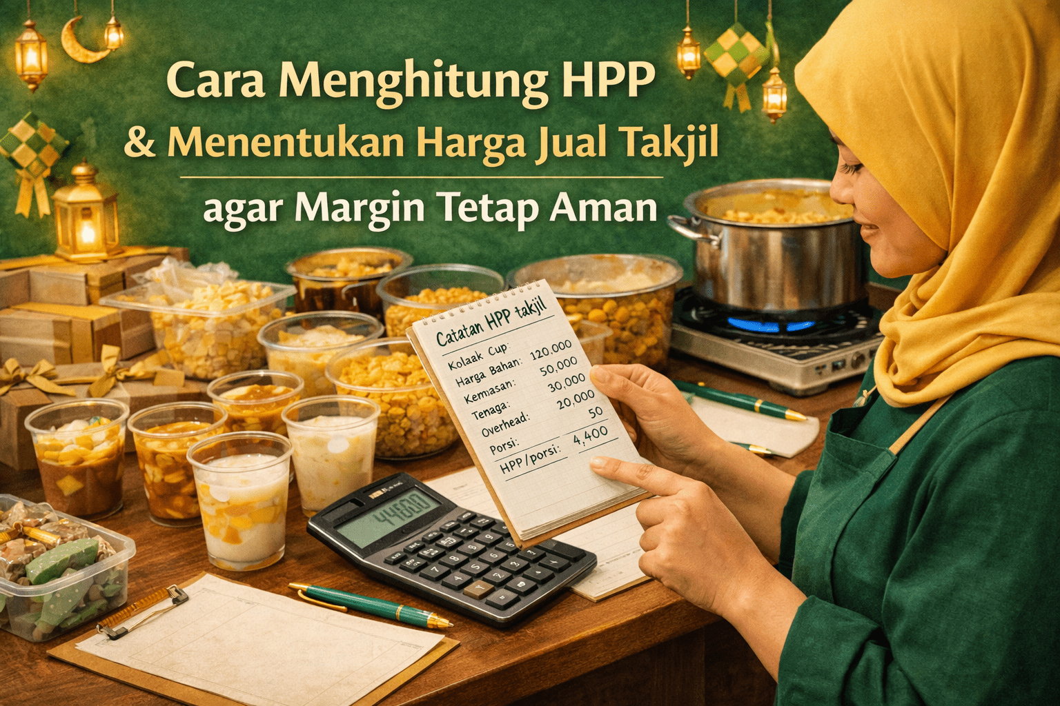 Ilustrasi pelaku UMKM menghitung HPP dan menentukan harga jual takjil Ramadhan menggunakan catatan biaya produksi dan kalkulator.