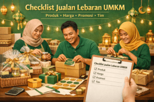 Ilustrasi persiapan jualan Lebaran UMKM dengan produk hampers, checklist, dan tim yang menyiapkan pesanan secara terstruktur.