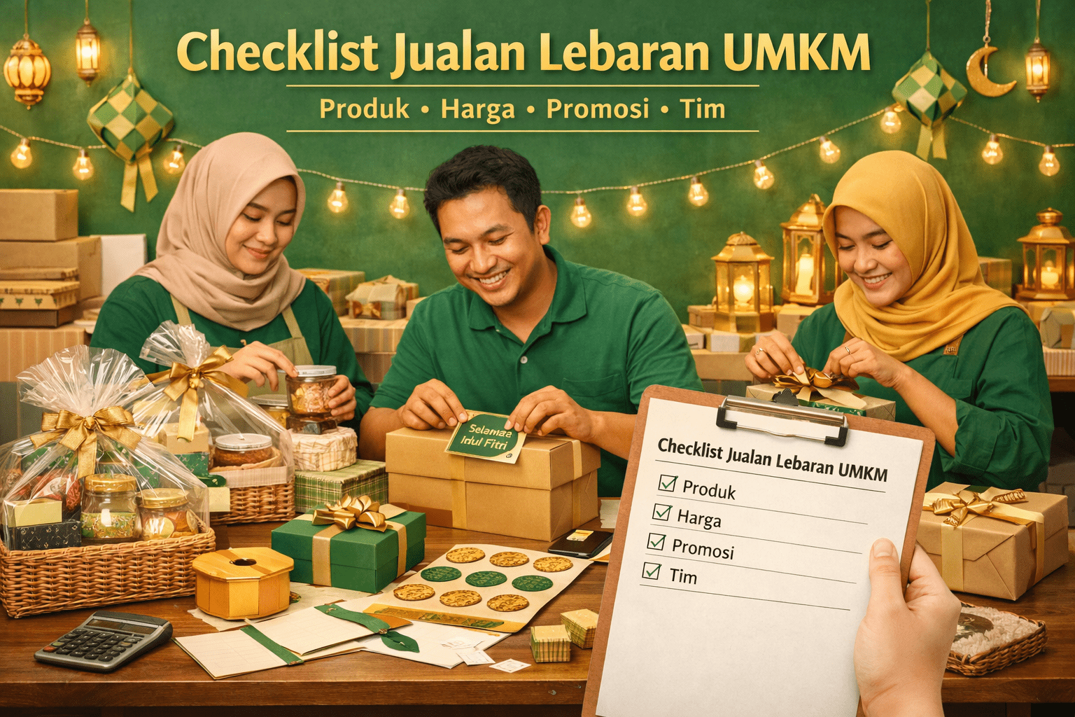 Ilustrasi persiapan jualan Lebaran UMKM dengan produk hampers, checklist, dan tim yang menyiapkan pesanan secara terstruktur.