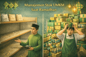 Ilustrasi masalah manajemen stok UMKM saat Ramadhan yang menunjukkan dua kondisi: kehabisan stok dan penumpukan barang.