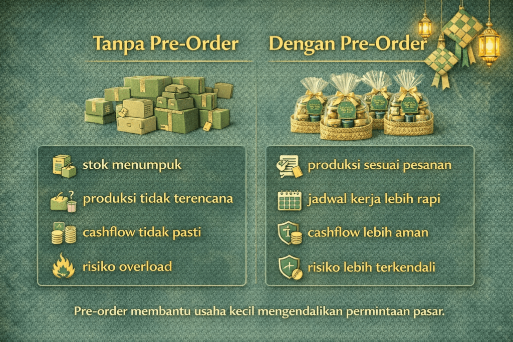 Perbandingan sistem bisnis UMKM dengan pre-order dan tanpa pre-order menjelang Lebaran.