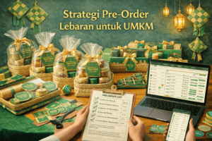 Ilustrasi UMKM menyiapkan pesanan pre-order Lebaran dengan paket hampers dan daftar order pelanggan.