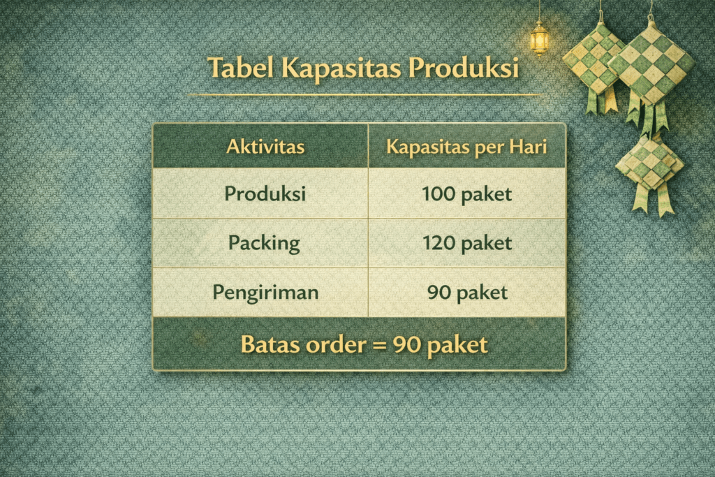 Contoh tabel kapasitas produksi UMKM untuk menentukan batas pre-order.
