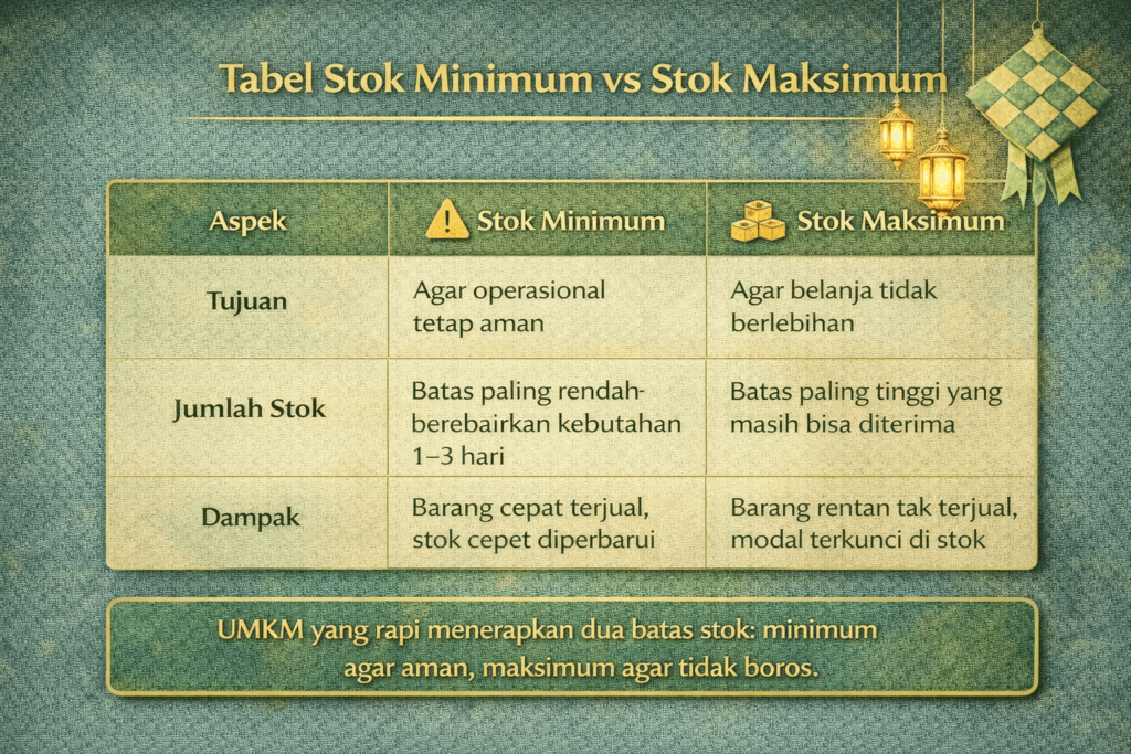 Tabel perbandingan stok minimum dan stok maksimum dalam manajemen stok UMKM.