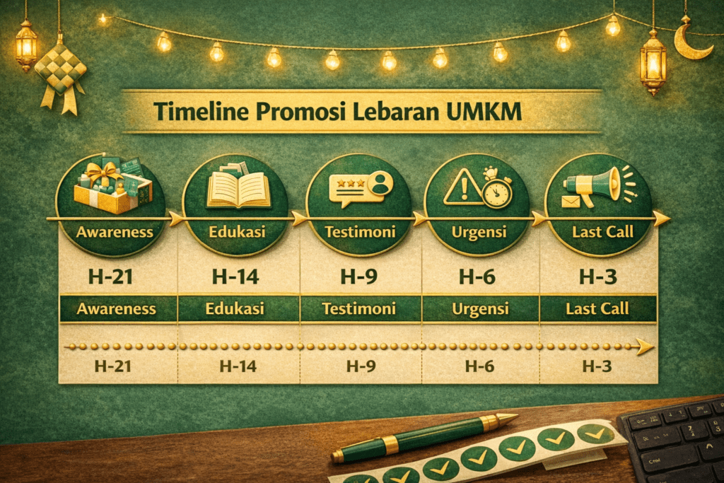 Timeline strategi promosi jualan Lebaran UMKM dari H-21 hingga H-3.